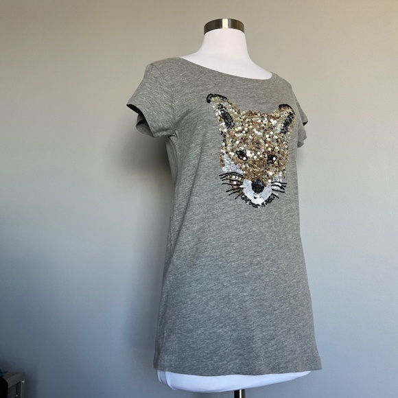 French Connection Embellished Sequin Beaded Gray Fox Cotton T-shirt Tee Top S - Picture 2 of 9
